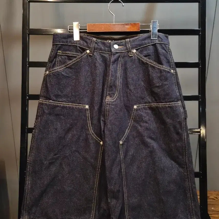 [BUNJANG] Suede Double Knee Carpenter Shorts - Raw Indigo / S) 스웨이드 컨투어 더블니 쇼츠 로우 인디고 3.5