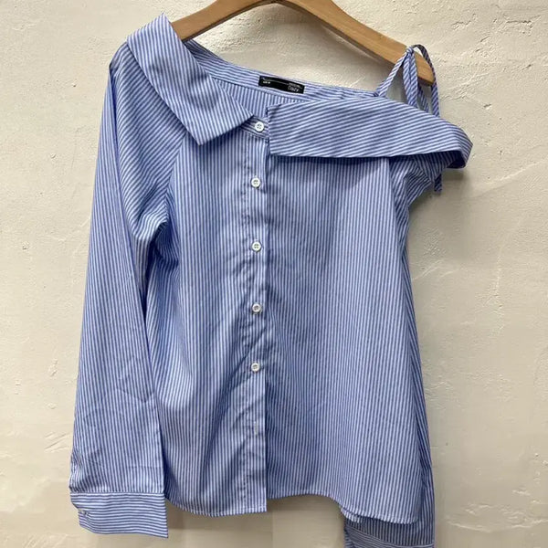 [BUNJANG] DAISY (SHEIN) Women's Blue Stripe Open Shoulder Long Sleeve Shirt Blouse - M / 데이지(쉬인) 여 셔츠 블루스트라잎/블라우스/오픈숄더/긴팔 M
