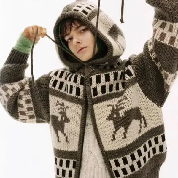 [BUNJANG] TheOpen Product Jacquard Knit Zip-Up Cowichan Hoodie / 더오픈프로덕트 자카드 니트 집업 코위찬 후드집업