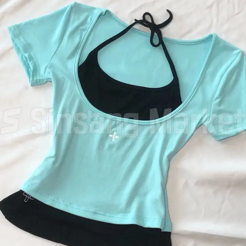 [BUNJANG] Mintcore Mint Cross Sleeveless Layered Short-Sleeve T-Shirt / [빠른발송] 민트코어 민트 크로스 나시레이어드 반팔티 일체형 여름 키치힙