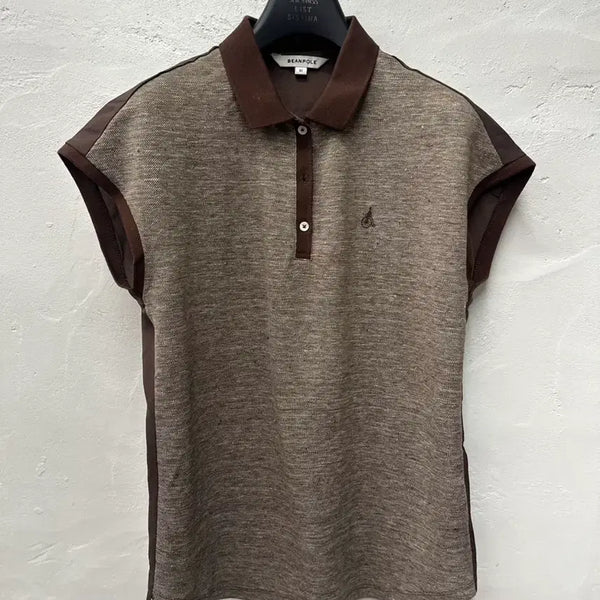 [BUNJANG] Beanpole Women's Linen Blend Cap Sleeve Collar T-Shirt Size 90 / 빈폴 여 카라티 브라운/린넨혼방/캡소매 90