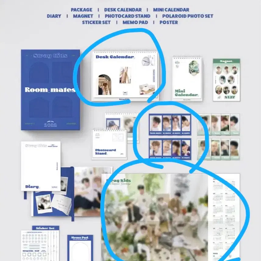 [BUNJANG] Stray Kids 2022 Season's Greetings Room Mates Calendar, Poster, and Blue Polaroids / 스키즈 스트레이키즈 2022 시그 시즌그리팅 구성품 일부