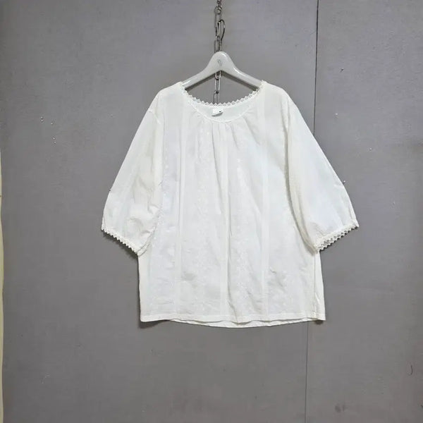 [BUNJANG] Contrast Trim Lace T-Shirt - White, Size L / 앞뒤배색다른 띠레이스 티셔츠 L  n7718