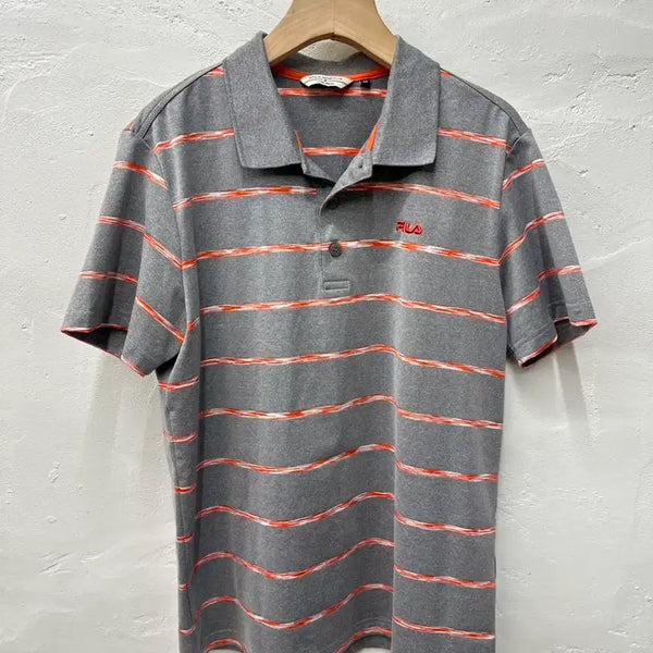 [BUNJANG] Fila Men's Collar T-Shirt Gray Stripe Short Sleeve Size 95 / 필라 남 카라티 그레이스트라잎/반팔 95
