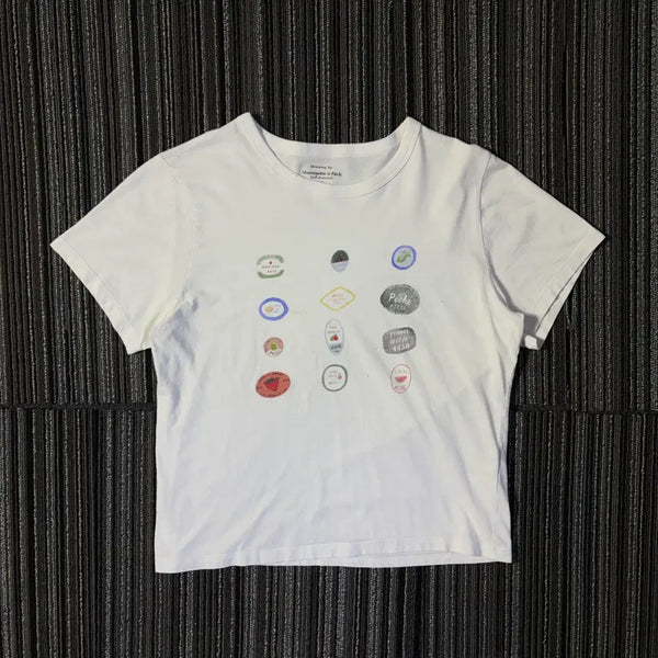 [BUNJANG] Abercrombie Fruit Label Graphic White Cropped Short Sleeve T-Shirt / 아베크롬비 과일 라벨 그래픽 화이트 크롭 반팔 티셔츠