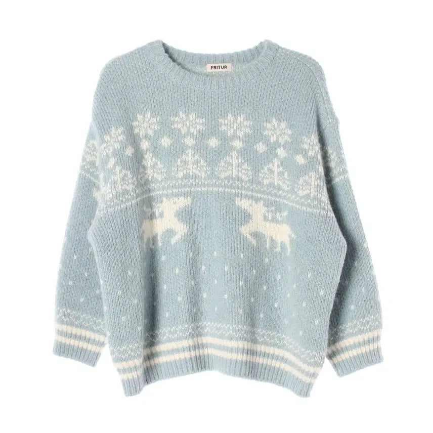 [BUNJANG] Fritter 24FW Nordic Pattern Oversized Wool Alpaca Knit Sweater - Blue / 프리터 24FW 노르딕 패턴 오버핏 울 알파카 니트 스웨터 블루