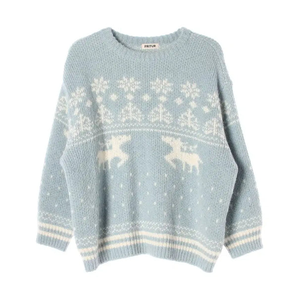 [BUNJANG] Fritter 24FW Nordic Pattern Oversized Wool Alpaca Knit Sweater - Blue / 프리터 24FW 노르딕 패턴 오버핏 울 알파카 니트 스웨터 블루