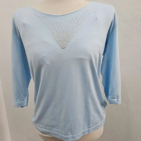 [BUNJANG] Spandex Long Sleeve V-Neck T-Shirt with Rhinestone Detail - Light Blue / 긴팔 티 여 66/77 J6163