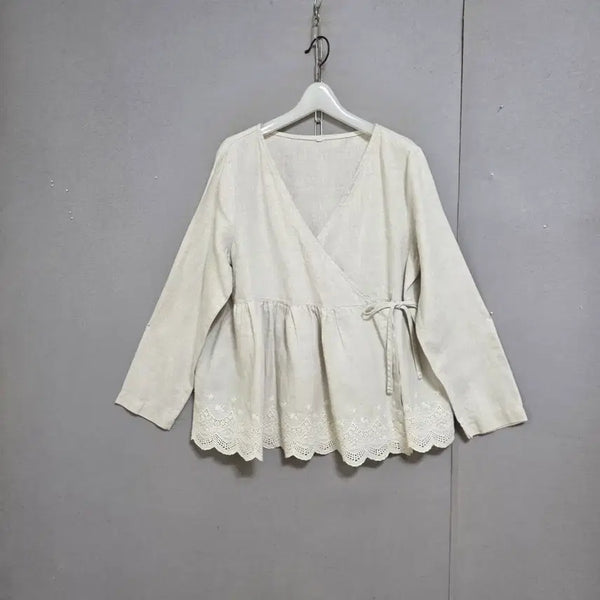 [BUNJANG] Linen Wrap Blouse with Lace Trim / 아랫단레이스 린넨 랩 블라우스 FF  n7719