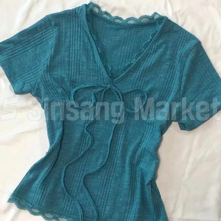[BUNJANG] Joan Lace V-Neck Short Sleeve Knit Summer Thin T-Shirt / [빠른발송] 청록코어 조안 레이스 브이넥 반팔니트 여름얇은니트 티셔츠 리