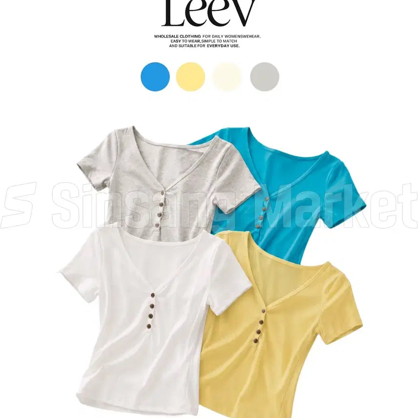 [BUNJANG] Bell Vivid Basic Button Short Sleeve T-Shirt / [빠른발송] 벨 비비드 베이직 버튼 반팔티 기본티 찰랑 여름 여리