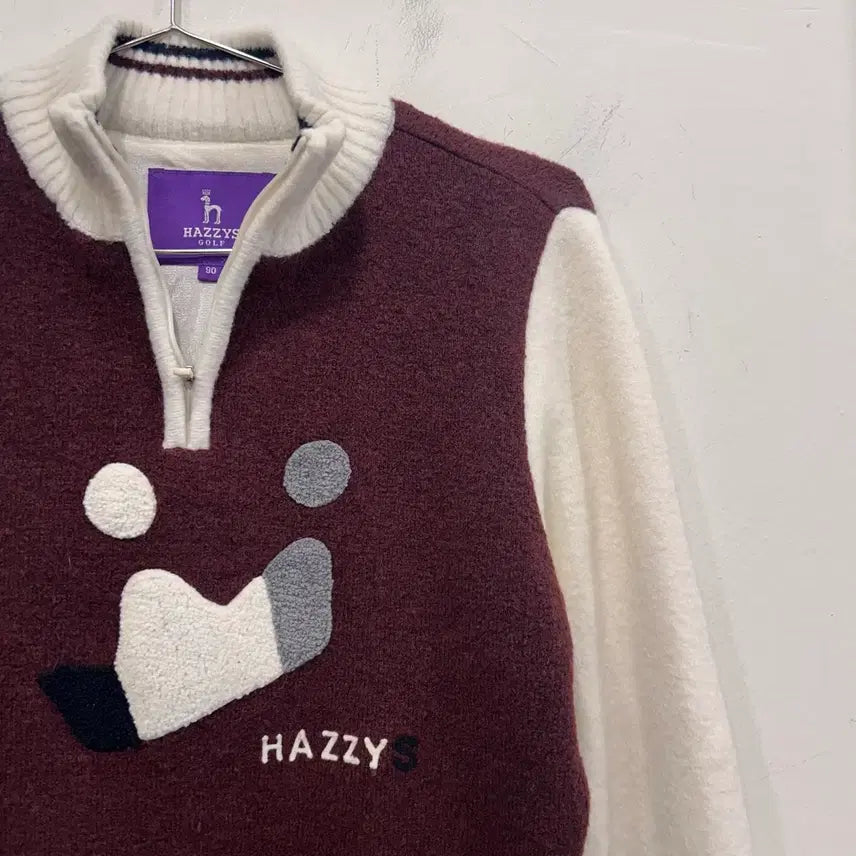 [BUNJANG] HAZZYS GOLF Fleece Logo Half-Zip Bukle Knit / 해지스 골프 플리스로고 반집업 부클 니트