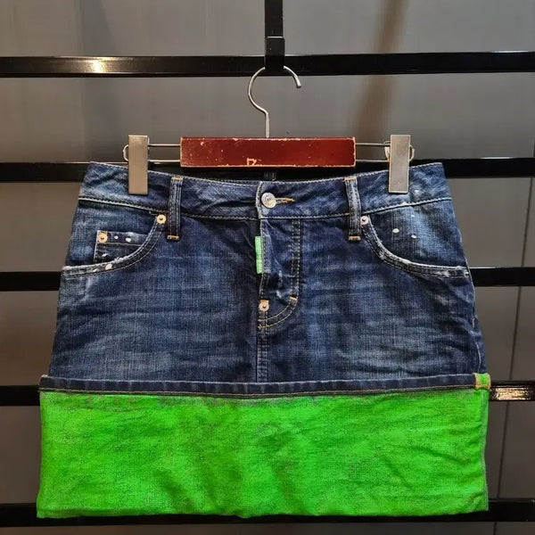 [BUNJANG] DSQUARED2 Green Paint Wash Denim Mini Skirt / [38] 디스퀘어드2 데님 미니스커트 그린 페인트 워싱 9.9