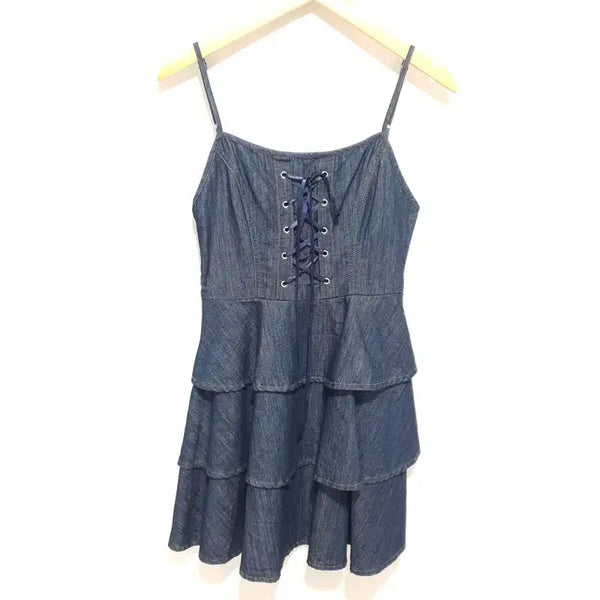 [BUNJANG] Denim Lace-up Ruffle Sleeveless Dress / 데님 슬리브리스 레이스업 캉캉 원피스 S_S1769