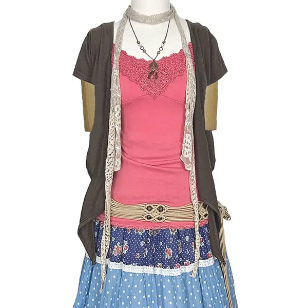 [BUNJANG] Vintage Japanese Embroidered Lace Beaded Strap Camisole - Pink / 일본빈티지 자수레이스 비즈라인 끈나시슬립티 핑크 모리걸갸루y2k히피에스닉