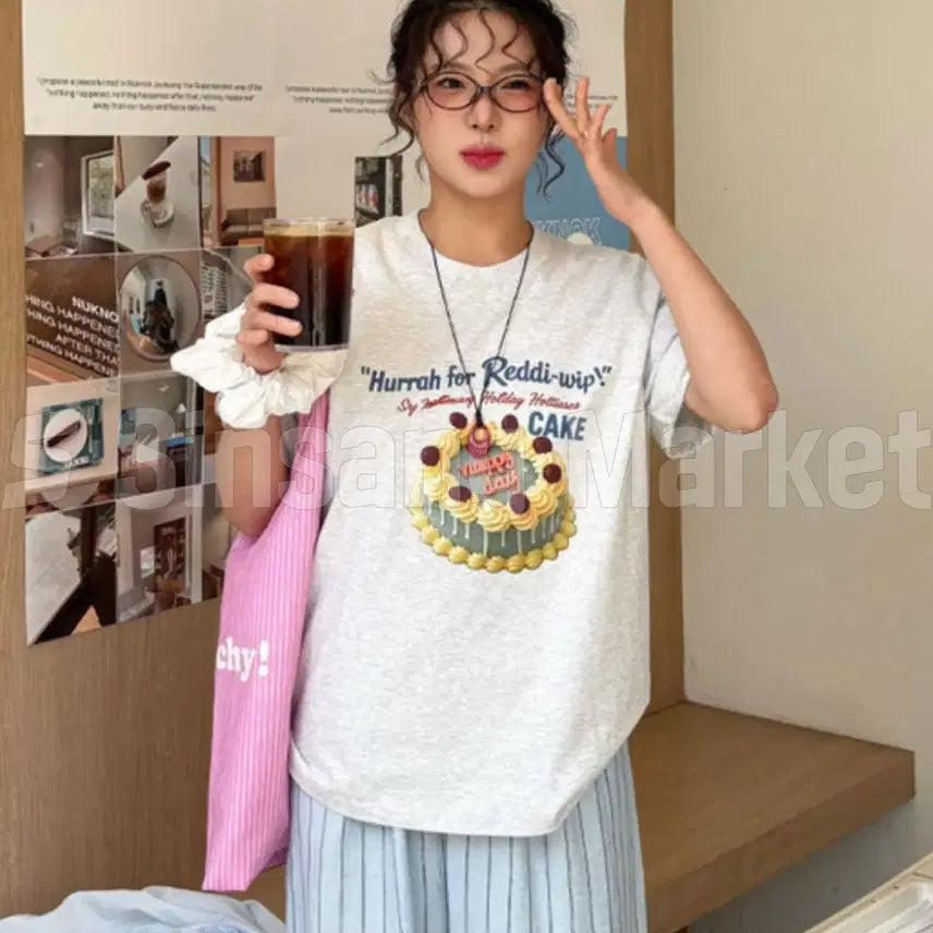 [BUNJANG] Knit Cake Printing Short Sleeve T-Shirt / [빠른발송] 거래처사진 _ _루즈핏 케이크프린팅 반팔티 러블리 데이트룩