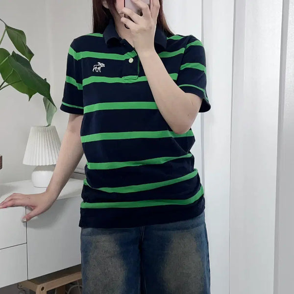 [BUNJANG] Abercrombie Green Striped Short Sleeve Polo Shirt - Size M / [정품] 아베크롬비 그린 단가라 반팔카라티 [ M ]