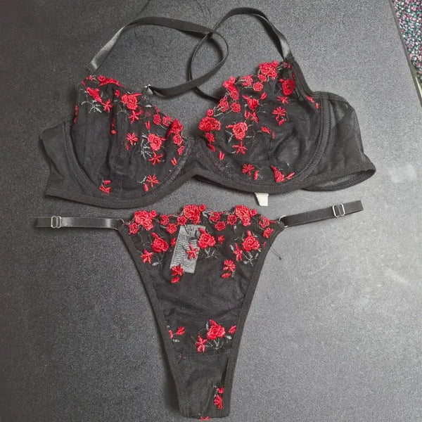 [BUNJANG] Lace Bra Panty Set - Black Red (M) / 레이스 브라 팬티 세트 블랙 레드m