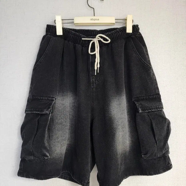 [BUNJANG] Trendy Wide Bermuda Cargo Denim Shorts (Plus Size, Black Wash) / 힙한 와이드 버뮤다 카고 데님 반바지(빅사이즈 블랙청바지/워싱청바지/빅포