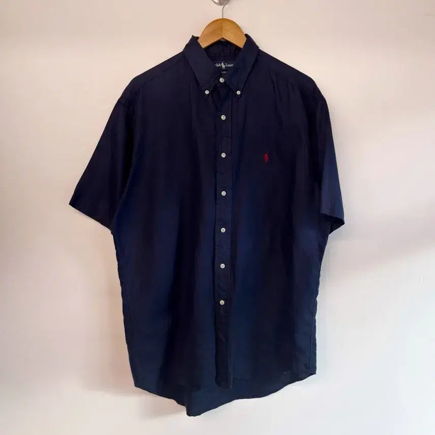 [BUNJANG] Polo Ralph Lauren 00s Navy Linen Oversized Half Shirt / 폴로 랄프로렌 오버사이즈 00s 네이비 린넨 하프 셔츠