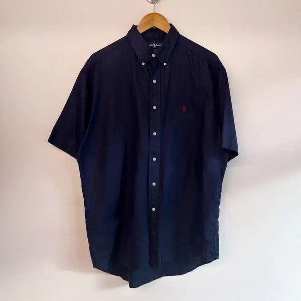 [BUNJANG] Polo Ralph Lauren 00s Navy Linen Oversized Half Shirt / 폴로 랄프로렌 오버사이즈 00s 네이비 린넨 하프 셔츠