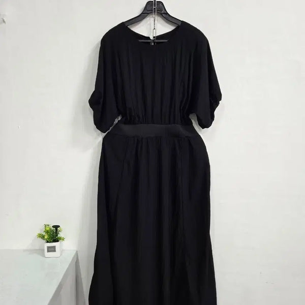 [BUNJANG] Black Short Sleeve Midi Dress with Waistband / 예쁜블랙 반팔 허리밴딩 원피스 통통55