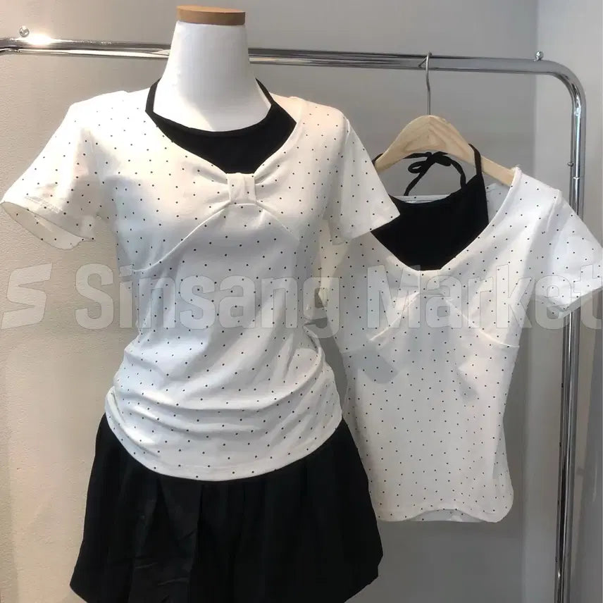 [BUNJANG] Ribbon Shirring Layered T-Shirt / [빠른발송] 사라 도트 리본셔링 나시 레이어드 반팔티 러블리 데이트