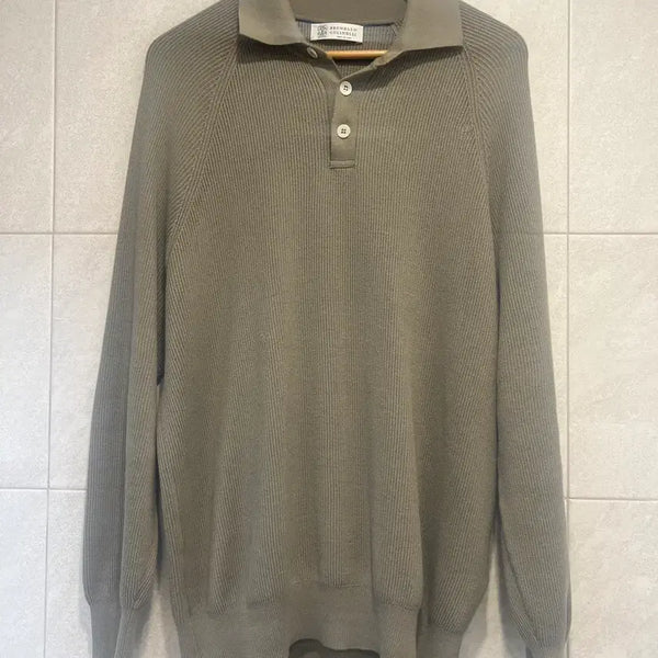 [BUNJANG] Brunello Cucinelli Ribbed Cotton Polo Shirt Olive Green Size 105 / 브루넬로쿠치넬리 리브드 폴로티 105사이즈