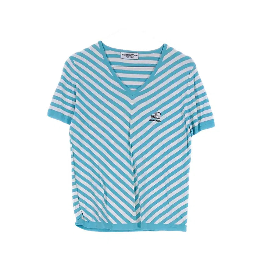 [BUNJANG] Black & White Striped Slim Fit Short Sleeve T-Shirt / 블랙앤화이트 여성 스포티한 슬림핏 반팔티 95 상태좋음 단가라 00922
