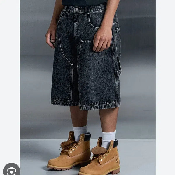 [BUNJANG] Unalloyed Code Sensible Carpenter Half Bermuda Black Denim Pants / 어널러코드 센서블 카펜터 하프 버뮤다 블랙 데님팬츠 와이드 보기 반바지