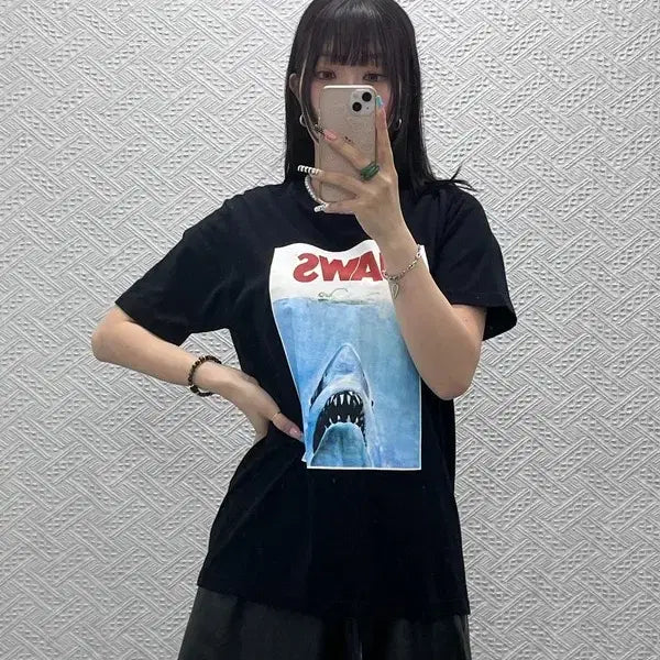 [BUNJANG] Vintage GU Jaws Printing T-Shirt L / 빈티지 재팬 GU 스트릿 펑크 죠스 프린팅 반팔티 L C12858