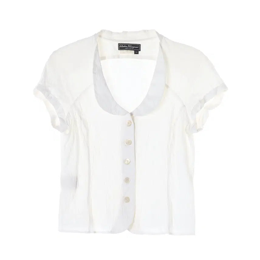 [BUNJANG] Salvatore Ferragamo Cotton Stretch Short Sleeve Collar Blouse / 페라가모 코튼 스트레치 반팔 셔츠 카라 블라우스