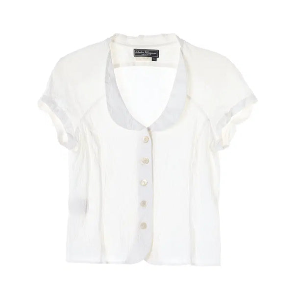 [BUNJANG] Salvatore Ferragamo Cotton Stretch Short Sleeve Collar Blouse / 페라가모 코튼 스트레치 반팔 셔츠 카라 블라우스