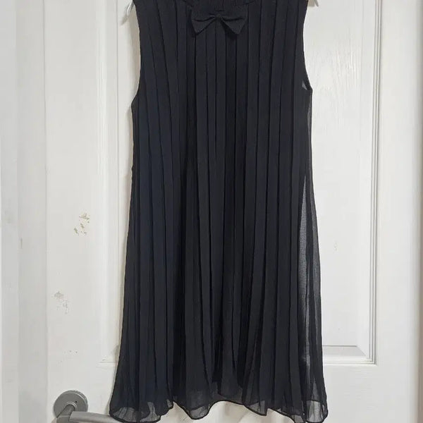 [BUNJANG] Black Ribbon Neck Pleated Sleeveless Midi Dress / 블랙 리본 넥 플리츠 민소매 원피스