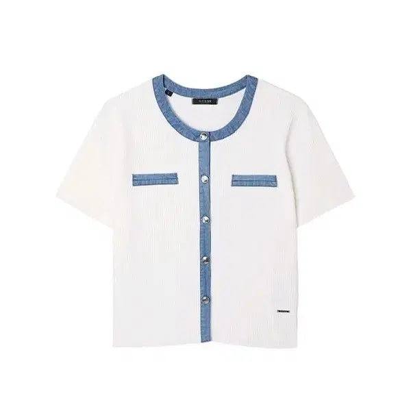 [BUNJANG] Guess Colorblock Short Sleeve Knit Cardigan White / 게스 배색 반팔 니트 가디건 화이트