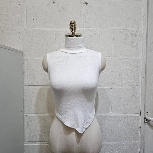 [BUNJANG] Cropped Turtleneck Sleeveless Top - White / 밑단포인트 크롭 목폴라 민소매- 화이트