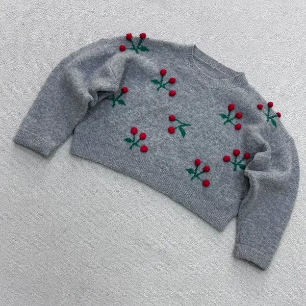 [BUNJANG] Vintage Cherry Embroidered Cropped Knit Sweater / 실측확인 빈티지 여성 체리자수 크롭 니트 스웨터 0702E2