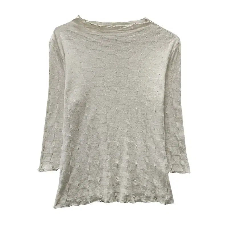 [BUNJANG] Vintage Ethnic Pattern Frill Boatneck Cream 3/4 Sleeve Top S / 빈티지 에스닉패턴 프릴 보트넥 크림 칠부티 S