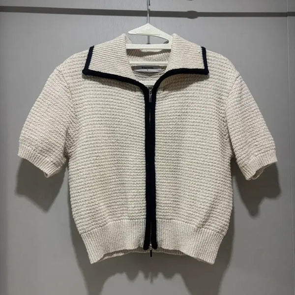 [BUNJANG] 8seconds Knit Short Sleeve Zip-Up Cardigan Beige / 니트 반팔 집업 가디건