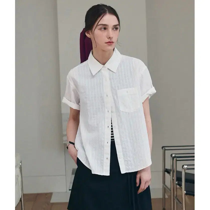 [BUNJANG] Drawfit Woman Lace Stripe Short Sleeve Shirt White S / 드로우핏우먼 레이스 스트라이프 반팔 셔츠 화이트 S