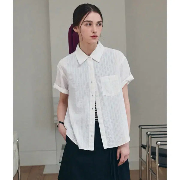 [BUNJANG] Drawfit Woman Lace Stripe Short Sleeve Shirt White S / 드로우핏우먼 레이스 스트라이프 반팔 셔츠 화이트 S