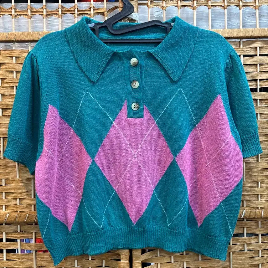 [BUNJANG] Argyle Pattern Cropped Knit T-Shirt / 니트 크롭 티셔츠