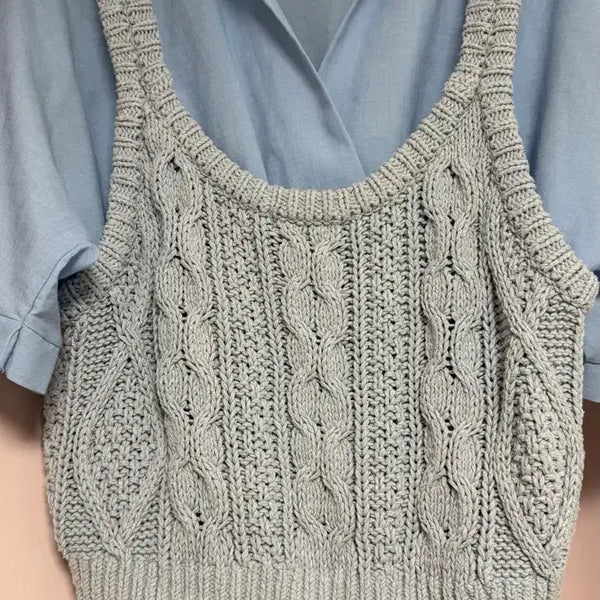 [BUNJANG] Miel Sky Blue Cable Knit Bustier + Blouse Set / 미엘)하늘색 꽈배기 니트 뷔스티에 + 블라우스
