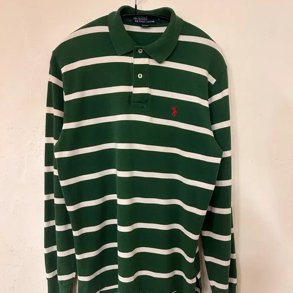 [BUNJANG] Polo Ralph Lauren Green Stripe Long Sleeve T-Shirt (Size S, Fits 100) / 폴로 랄프로렌 그린 스트라이프 긴팔티 S (실측100)