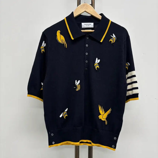 [BUNJANG] Thom Browne Bird & Bee Detail Pique Polo Shirt Navy Size 4 / [4]톰브라운 사선완장 버드앤비 pk 카라티