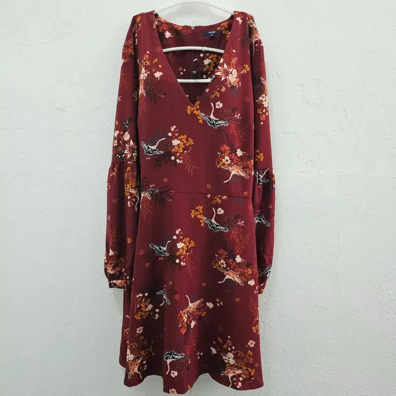 [BUNJANG] KIABI Women's Wine Floral Pattern V-Neck Vintage Dress / KIABI 원피스 여 77 J6143