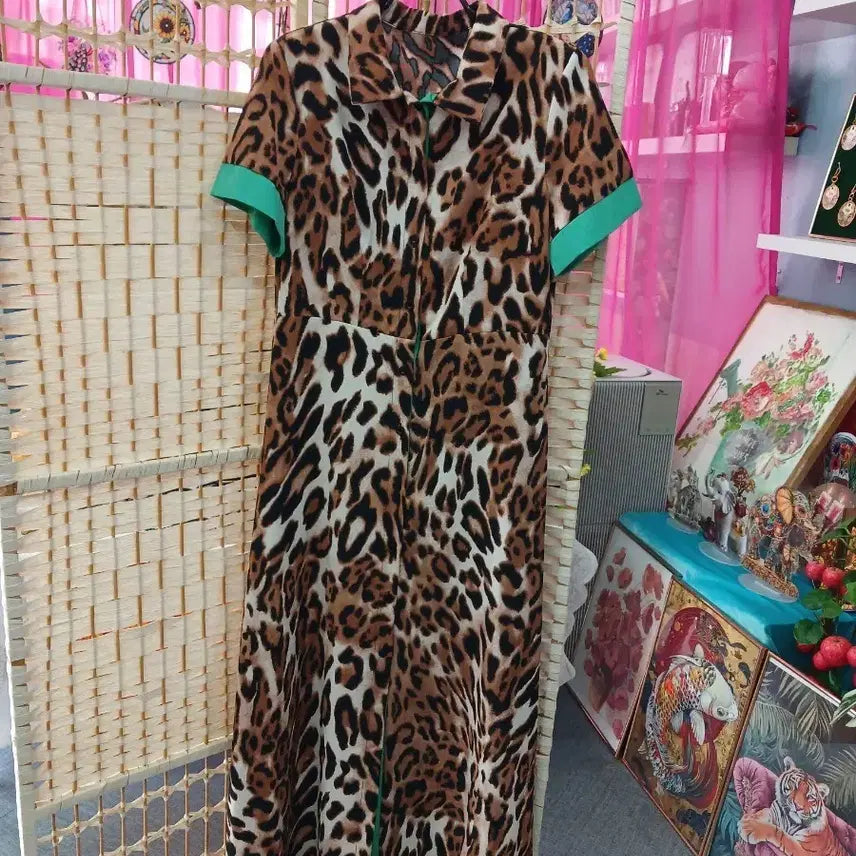 [BUNJANG] Leopard Pattern Half-Sleeve Dress Cardigan / 레오파드 패턴 반팔 원피스 겸용 셔츠가디건