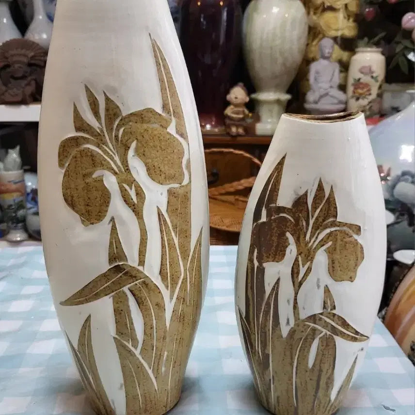 [BUNJANG] Korean Modern Buncheong Ware Iris Vase Set (Large/Small) / 현대 분청사기 조화문 화병 세트