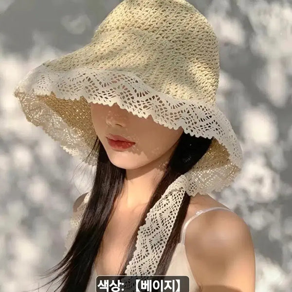 [BUNJANG] Beige Lace Straw Hat / 베이지색 레이스 밀짚모자.새상품