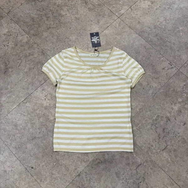 [BUNJANG] Vintage Striped Ruffled Short Sleeve T-Shirt / 빈티지 베이지 단가라 셔링 반팔티 #csz654